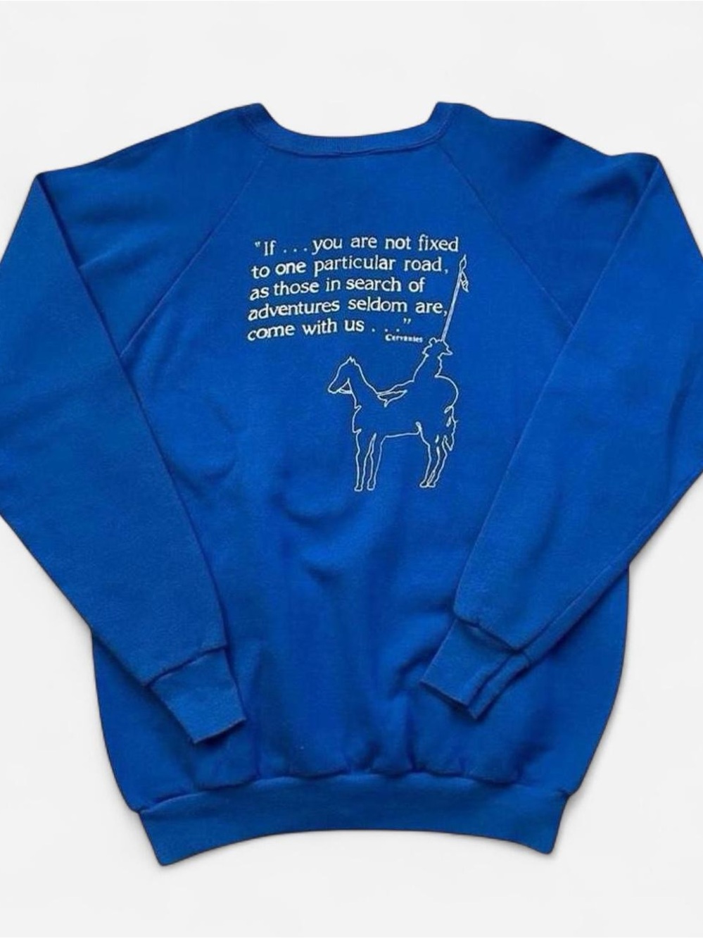 Vintage 1990s Don Quijote Royal Blue Graphic Crewneck Sweater XL